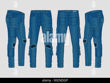 Blue Cargo Skinny Jeans Technical Fashion Flat Sketch Vector Set Front Back Side Views Distressed Denim Trousers Design Template for Men Streetwear Stock Vector