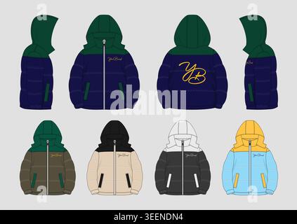 Modern Puffer Hoodie Jacket Technical Fashion Flat Sketch Vector Design Front Back Side Views Quilted Streetwear Outerwear Template for Men and Women Stock Vector