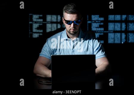 Data analysis system monitors threats. Data analysis system detects anomalies. Data analysis system protects network. Data analysis system prevents Stock Photo