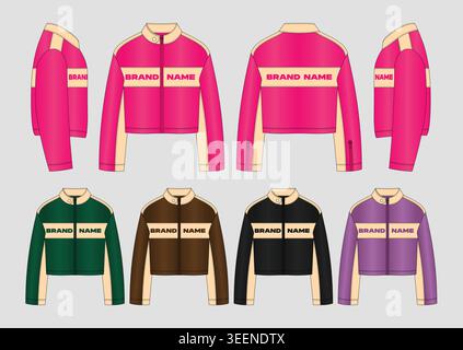 Women Crop Leather Jacket Technical Fashion Flat Sketch Vector Set Front Back Side View Retro Biker Bomber Jacket Design Template with Color Variation Stock Vector