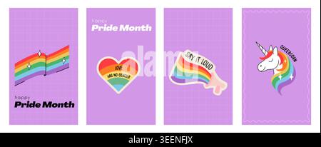 Set of vertical pride month posters with rainbow flag, heart, megaphone, and unicorn. Retro aesthetic banners for lgbtq celebration, social media Stock Vector
