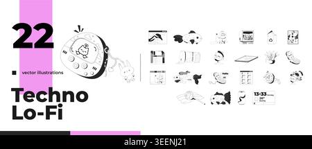Cute everyday and Y2K digital 2D line objects pack Stock Vector