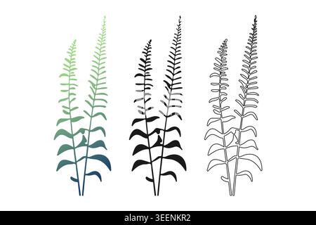 Elegant feather-like fern fronds resembling aquatic elodea in emerald-to-indigo gradient, solid black, and linear styles for sustainable branding, ski Stock Vector