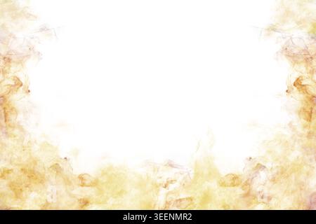 Smoke or fire, golden mist on a postcard. Watercolor illustration. Yellow haze, the border is hand-drawn, isolated on the background Stock Photo