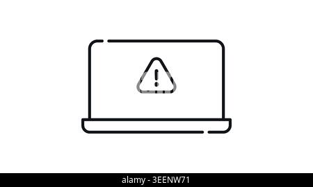 Laptop system error icon: portable computer with warning triangle on screen, minimalist black line art vector illustration for technical support. Stock Vector