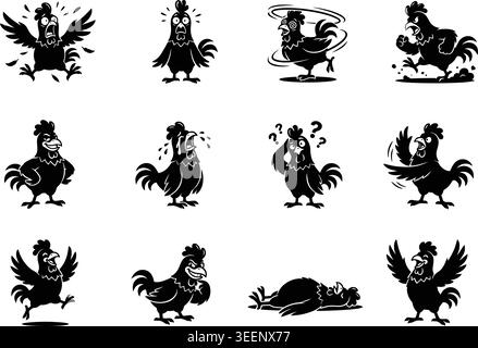 Funny Chicken Emotions Silhouette Vector Illustration Set for Mascot Design Stock Vector