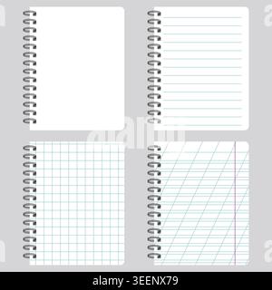 Vector Spiral Notepad Set with Different Paper Styles: Blank, Lined, Squared, and Oblique Ruled Stock Vector