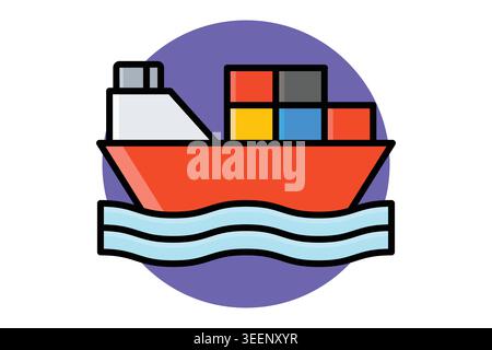 Cargo ship icon. A red cargo ship carrying multiple colored shipping containers on its deck, floating on blue waves over a purple background. colored Stock Vector