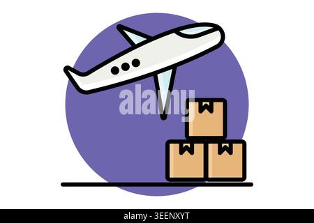 Cargo plane icon. A white cargo plane taking off above a stack of three tan cardboard boxes, colored outline icon style Stock Vector