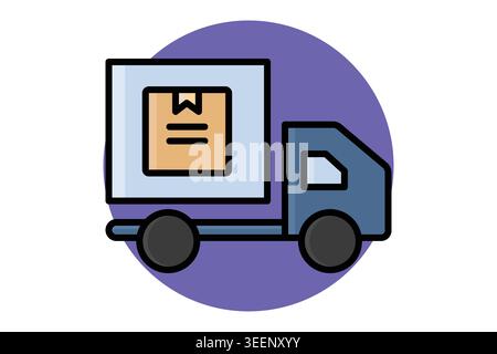 Shipping icon. A side view icon of a blue delivery truck carrying a large tan cardboard box, colored outline icon style Stock Vector
