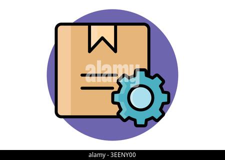 Inventory management icon. tan cardboard box with a teal gear icon in the foreground, representing inventory management, colored outline icon style Stock Vector