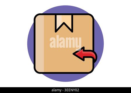 Return icon. A closed tan cardboard box with a curved red arrow pointing back toward it, indicating a return, colored outline icon style Stock Vector
