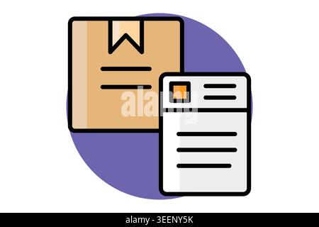 Shipping label icon. A tan cardboard box paired with a white shipping document containing lines of text, colored outline icon style Stock Vector