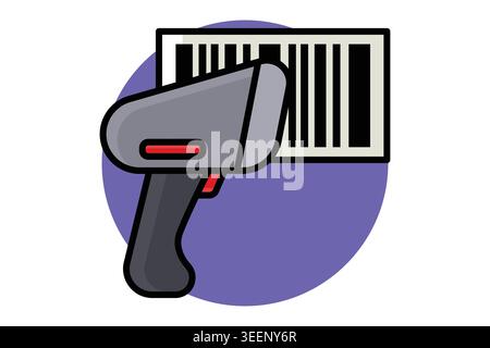 Barcode scanner icon. A gray handheld barcode scanner aiming at a rectangular barcode label, colored outline icon style Stock Vector