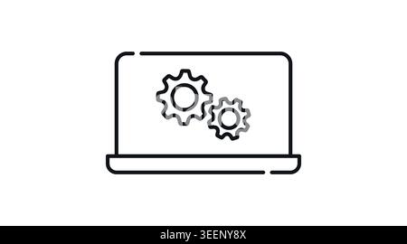 Laptop settings and optimization icon: portable computer with gears on screen, minimalist black line art vector illustration for system configuration. Stock Vector