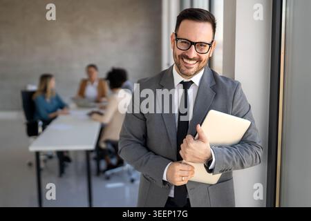 Success business man with laptop, analytics and developer for startup business website IT software Stock Photo