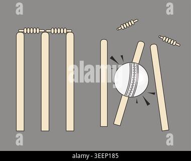 Cricket Bowled Wicket Taken Set. Stumps Standing and Falling with Bails in Air. Impact with White Leather Ball. Twenty20. Isolated Modern Minimalist V Stock Vector
