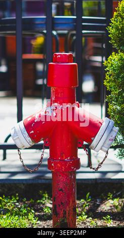 A vertical shot of a bright red fire hydrant standing in a green garden area Stock Photo