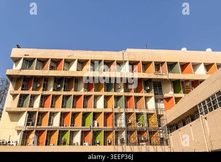 architectural exterior with multicolored window shades and repetitive pattern design shot is taken at ISBT Kashmiri gate bus stand delhi india. Stock Photo