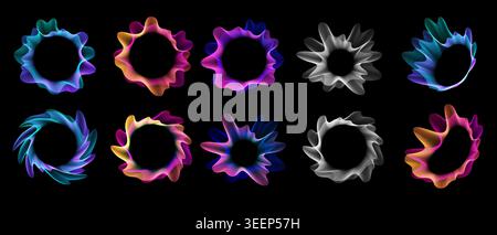 Set of multicolored neon sound wave vibrations. Sound lines, radial spectrum. Colorful template for music poster and banner. Vector radial spectrum. Stock Vector