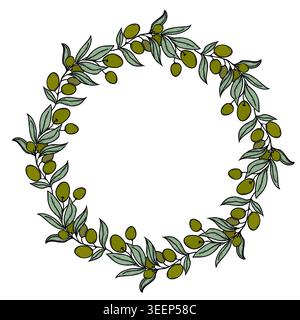 Vector illustration of a lush circular olive wreath. Hand drawn botanical round frame with green olives and leaves for wedding or organic food logo. Stock Vector