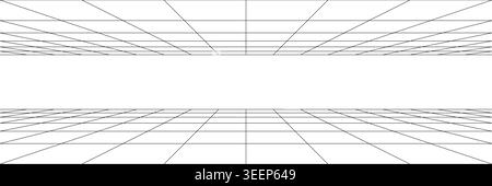 3D mesh floor and AI game lab. Arcade perspective ground with black linear pattern. Metaverse depth for retro Y2K space. Infographics in white VR Stock Vector