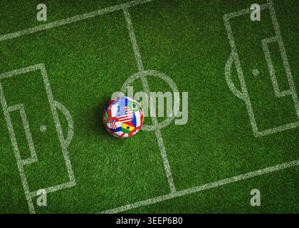 Green grass texture with a soccer ball with various national flags as a tactical poster. Soccer strategy with copy space. Stock Photo