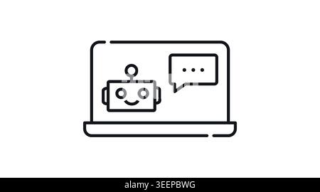 Laptop AI chatbot icon: portable computer with friendly robot and speech bubble, minimalist black line art vector illustration for virtual assistant. Stock Vector
