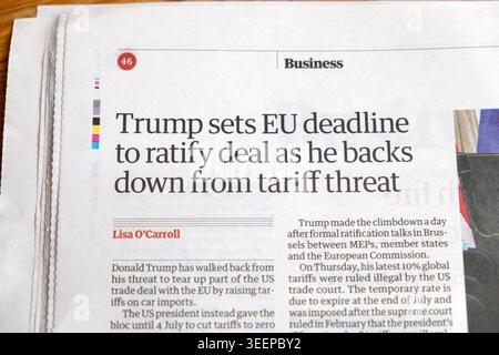 Donald 'Trump sets EU deadline to ratify deal as he backs down from tariff threat' Guardian newspaper headline article 9 May 2026 London UK Stock Photo