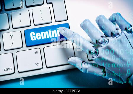 FOTOMONTAGE, Roboterhand mit Binärcode drückt Taste mit Aufschrift Gemini auf einer Computertastatur Hamburg Hamburg Deutschland ** NUR FÜR REDAKTIONELLE ZWECKE ** EDITORIAL USE ONLY ** *** PHOTOMONTAGE, robot hand with binary code presses key with inscription Gemini on a computer keyboard Hamburg Hamburg Germany FOR EDITORIAL PURPOSES ONLY EDITORIAL USE ONLY Stock Photo