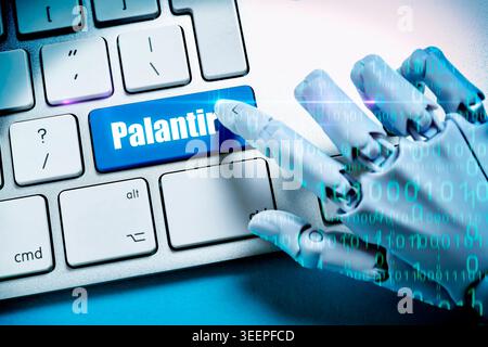 FOTOMONTAGE, Roboterhand mit Binärcode drückt Taste mit Aufschrift Palantir auf einer Computertastatur Hamburg Hamburg Deutschland ** NUR FÜR REDAKTIONELLE ZWECKE ** EDITORIAL USE ONLY ** *** PHOTOMONTAGE, robot hand with binary code presses key labeled Palantir on a computer keyboard Hamburg Hamburg Germany FOR EDITORIAL PURPOSES ONLY EDITORIAL USE ONLY Stock Photo