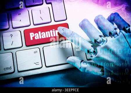 FOTOMONTAGE, Roboterhand mit Binärcode drückt Taste mit Aufschrift Palantir auf einer Computertastatur Hamburg Hamburg Deutschland ** NUR FÜR REDAKTIONELLE ZWECKE ** EDITORIAL USE ONLY ** *** PHOTOMONTAGE, robot hand with binary code presses key labeled Palantir on a computer keyboard Hamburg Hamburg Germany FOR EDITORIAL PURPOSES ONLY EDITORIAL USE ONLY Stock Photo