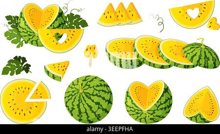 Exotic set of yellow watermelon illustrations. whole, halved, and sliced pieces in heart shapes. Cute flat vector style, perfect for tropical summer d Stock Vector