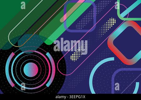 Vibrant abstract design with neon shapes and colorful patterns on blue background Stock Vector