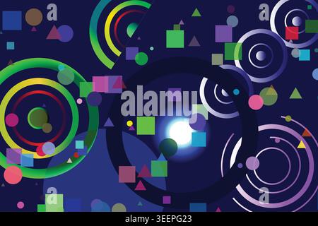 Vibrant abstract art piece featuring colorful geometric shapes on dark blue background Stock Vector