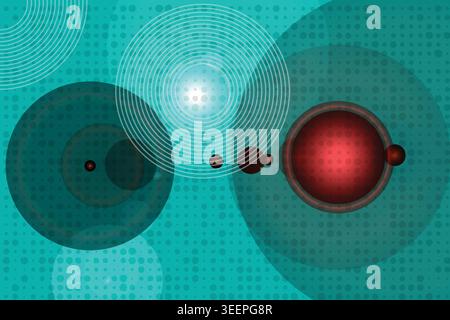 Vibrant teal background with red and dark teal circles and white spiral patterns Stock Vector