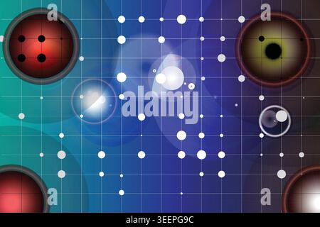 Vibrant digital illustration of colorful spheres and dots on a gradient background with grid lines Stock Vector