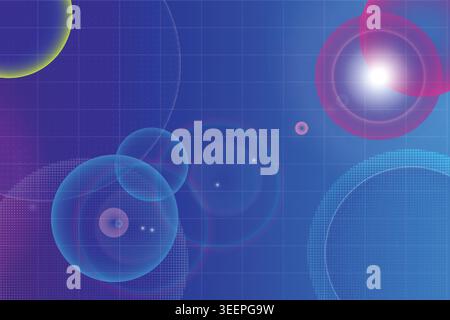 Vibrant digital illustration of glowing orbs on a blue grid background with purple and pink hues Stock Vector