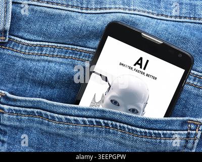 Smartphone displaying AI text, emerging from a blue denim jeans pocket, representing technological evolution and AI integration in daily life Stock Photo