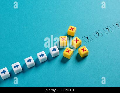 Strategic uncertainty and business obstacles and decision making concept with question marks blocking the path on blue background Stock Photo