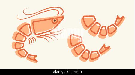 Vector icon of shrimp in line art style. Vector illustration of shrimp in flat style. Stock Vector