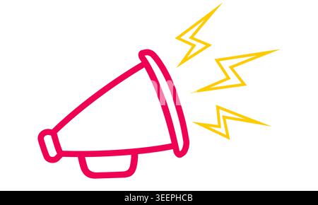 Vector icon of vintage megaphone for fake, breaking news or sale. Vector retro red megaphone with lightning on white background. Stock Vector
