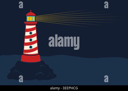 Vector vintage icon of a lighthouse. Vector illustration of lighthouse is on the rock. Stock Vector