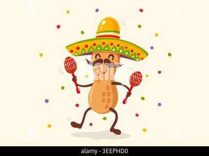 Vector poster for Cinco de mayo with peanut with mexican sombrero and maracas. Cinco de mayo festive. Vector illustration of peanut in sombrero for Ci Stock Vector