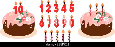 Sweet cake for celebrating birthday. Candles in shape of numbers. Kids anniversary celebration. Delicious pie with chocolate glaze. Vector holiday Stock Vector