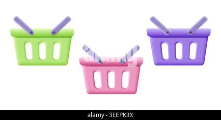 Vector green shopping basket in realistic 3d style. Vector illustration of green shopping baskets on isolated background. Stock Vector