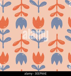 Vector vintage floral seamless pattern in scandinavian folk style. Retro seamless pattern with grunge tulip flowers Stock Vector