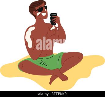 Sun protection. Happy man sunbathing on summer beach. Cute guy smearing sunscreen at skin. UV protecting cream. Male person applying sunblock SPF Stock Vector