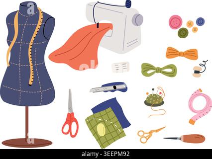Sewing or embroidery tools. Sew machine. Needlework artisan. Tailor scissors. Dressmaking mannequin. Thread and button. Tailoring DIY accessory Stock Vector