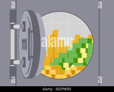 Secure bank vault containing gold bars, paper currency, and golden coins. Metal safebox with combination lock. Wealth safety storing. Vector concept Stock Vector